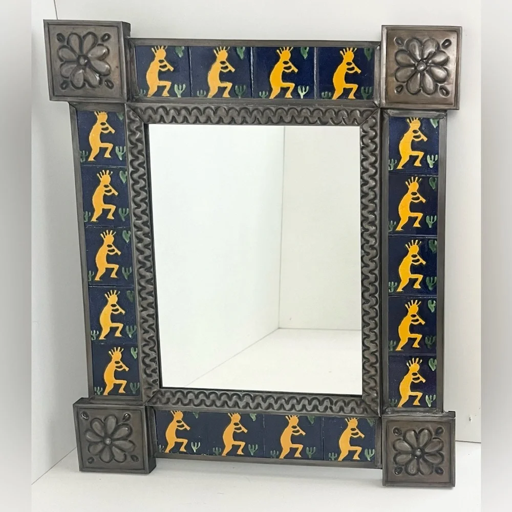 Vintage Ornate Natural Tin & Mexican Tile Mirror